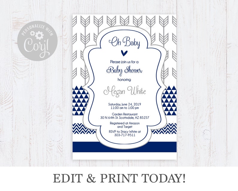 Baby shower boy navy blue and grey arrow, chevron, geometric printable invitation aztec inspiration grey arrows tribal inspired, editable 