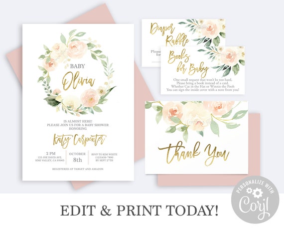 Baby Shower Invitation Girl bundle instant download Template, blush Floral wreath Printable invitation, Sweet Baby Girl Il_570xn