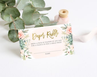 Baby shower diaper raffle card, floral succulent, instant download