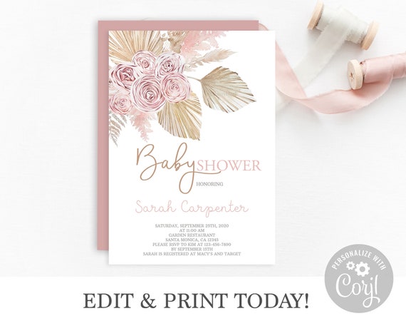 Boho chic Baby Shower invitation girl instant download, dried palm leaves Bohemian Invite, Tropical Desert shower invite pampas grass Il_570xn
