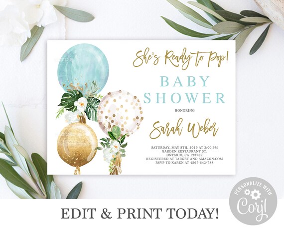 Ready to pop Baby Shower Invitation Boy, tropical blue invitation, blue balloon Invitation Template, Instant Download, Editable invitation Il_570xn