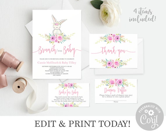 Bunny baby shower invitation girl bundle, floral cute bunny baby shower invite, cute rabbit Corjl invite, editable, instant download Il_570xn