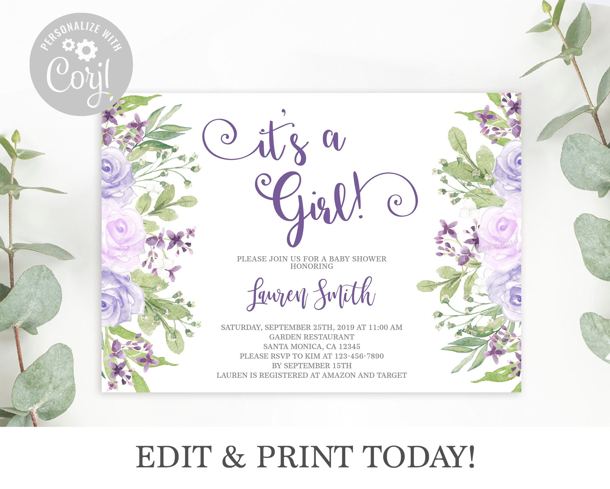 Floral Purple And Lavender Baby Shower Invitation Girl Etsy