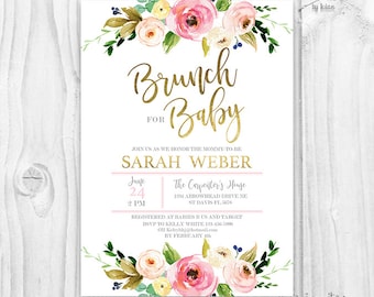 Floral Baby Shower Invitation, Brunch For Baby Invitation, baby girl invites, boho baby shower, pink and gold Floral invitation, gold foil