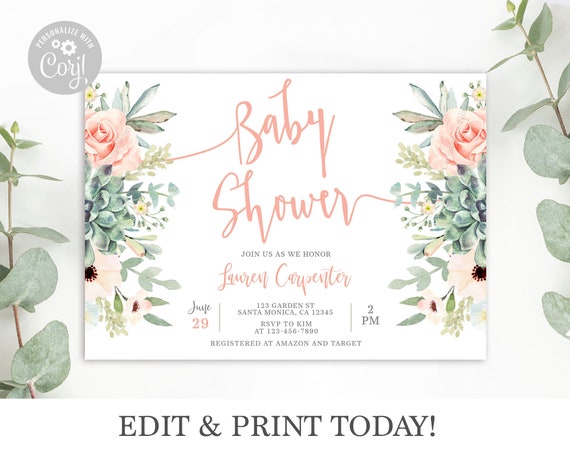 Succulents baby shower invitation girl instant download, succulents invitation theme, floral succulents, Editable template, Corjl invitation Il_570xn