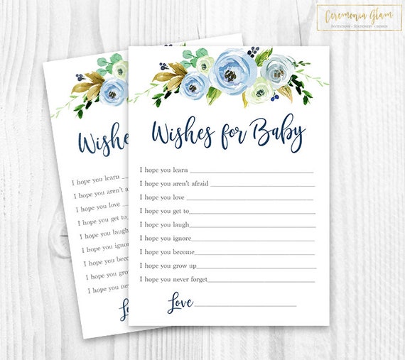Floral blue wishes for baby, floral baby shower wishes for baby card, boho wishes card, rustic floral wishes card, baby shower boy BL1 Il_570xn