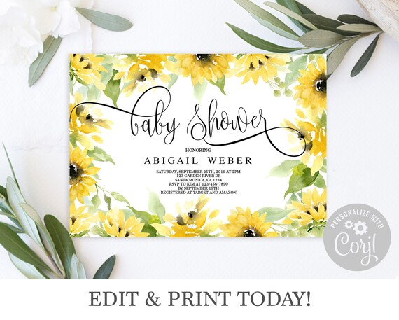 Sunflower baby shower invitation, Editable instant download, rustic yellow floral baby invite Corjl invitation Il_570xn