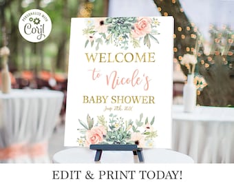 Succulents Baby Shower Welcome Sign, girl sign, peach, coral, greenery shower sign, editable instant download SUC1