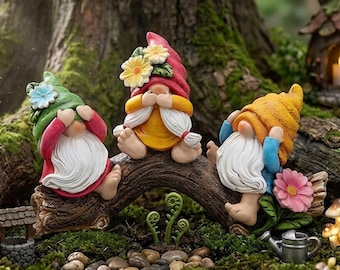 Three Wise Garden Gnomes - Hear See Speak No Evil Outdoor Statue - Flower Gnome Decor Summer Gifts for Mom