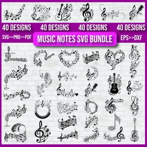 Musiknoter Svg-paket, 40 designer, musiksymboler Svg, musiknoter Png Clipart, musiknoter svg-filer för Cricut, Silhouette, Vector