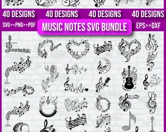 Music Notes Svg Bundle, 40 Designs, Music Symbols Svg, Music Notes Png Clipart, Musical notes svg files for Cricut, Silhouette, Vector