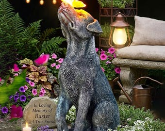 Dog Solar Lantern with Glowing Butterfly - Handcrafted Resin Garden Statue
