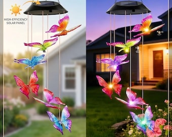 Solar Butterfly Wind Chime Light – Waterproof Color Changing LED Garden Chandelier with Bell, Outdoor Yard Lawn Patio Decor