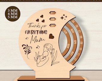 Mother's Day Perpetual Calendar SVG, Laser Cut File for Glowforge, Rotating Wood Calendar Digital Download, Desktop Date Display CNC Plan