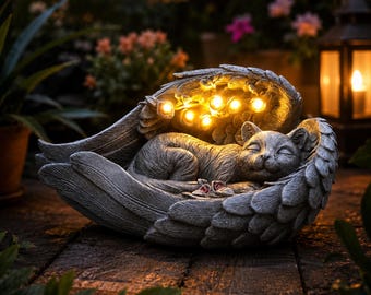 Cat Angel Statue with Solar LED Lights, Sleeping Cat Memorial Stone, Pet Loss Gift, Weatherproof Resin Winged Kitty Garden Decor, Yard Art