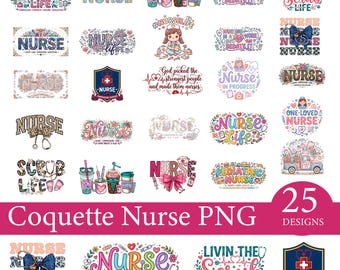 Coquette Nurse PNG Bundle, Retro Nurse Clipart, Bow Ribbon Nurse Shirt Design, Pink Aesthetic Medical Graphics, Sublimation Designs
