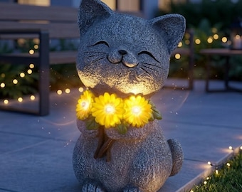 Solar Cat Statue with Daisy, LED Garden Light, Outdoor Cat Decor, Weather-Resistant Figurine