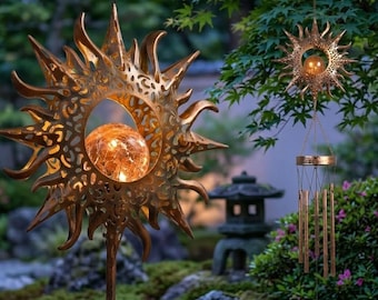 Solar Sun Wind Chime with LED Light, Hanging Outdoor Garden Decor, Waterproof Patio Lantern