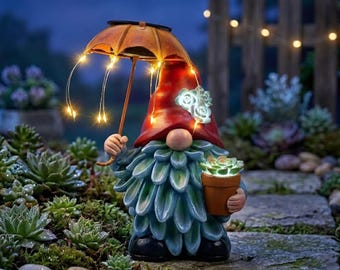 Garden Gnome with Solar Umbrella, Solar Outdoor Statues, Patio Lawn Yard Ornament, Gardening Gift for Mom Grandma