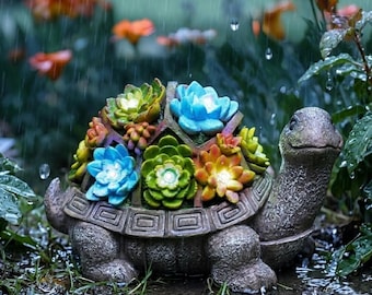 Solar Turtle Garden Statue: LED Succulents, Resin Outdoor Decor