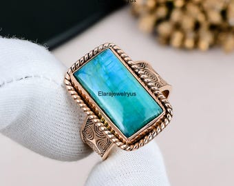 Anillo de piedra lunar arcoíris verde, joyería de cobre macizo, banda con textura bohemia, regalo unisex, piedra natal de junio