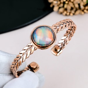 Aurora Opal Bracelet Solid Copper Jewelry Artisan Handcrafted Braided Band Daily Wear Cuffs