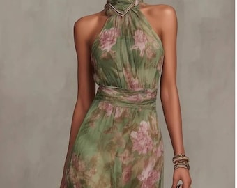 Elegant Floral Maxi Dress Women Halter Neck Summer Long Dress Boho