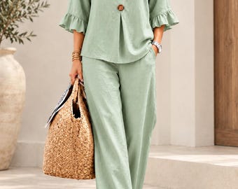 Zweiteiliges Baumwoll-Set für Damen | Outfit mit Rüschenärmeln von Fashion Mart Cloth Shop