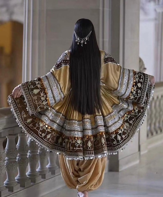 brown ethnic dress Luxury Afghan Traditional – Gold & Embroidered Outfit with Handmade Details This stunning gown