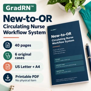 May include: A dark blue New-to-OR Circulating Nurse Workflow System manual with 40 pages, 6 original cases, and printable PDF format in US Letter and A4 sizes. The cover features the GradRN logo and text detailing the workflow system.