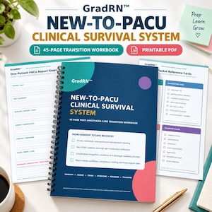 May include: A spiral-bound workbook titled GradRN New-To-PACU Clinical Survival System, featuring a 45-page transition guide, printable PDF, patient report sheets, and pocket reference cards with checklists for respiratory risk and transfer close.