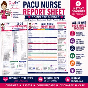 Può includere: Un set di fogli di rapporto per infermieri di sala risveglio, inclusa una guida di riferimento ai 30 farmaci principali e moduli di monitoraggio del paziente con sezioni per i segni vitali, la valutazione del dolore e i criteri di dimissione.