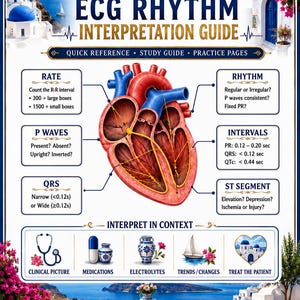 Op de afbeelding: Een educatieve poster voor ECG-ritme-interpretatie met een centrale anatomische hartillustratie. Het bevat tekstsecties voor hartslag, ritme, P-golven, intervallen, QRS-complex en ST-segment, plus een sectie voor klinische context.