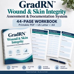 Peut inclure: Un manuel de 44 pages GradRN Wound & Skin Integrity Assessment & Documentation System. La couverture à spirales présente des graphiques en vagues bleu foncé et sarcelle, du texte et des icônes. Trois pages internes montrent des fiches.