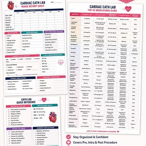 Könnte beinhalten: Ein Cardiac Cath Lab Bundle als druckbares PDF-Set auf 21,6 cm x 27,9 cm Papier. Enthält ein Pflegebericht-Blatt, einen Leitfaden für die 30 wichtigsten Medikamente und ein Kurzreferenzblatt mit medizinischen Checklisten und Zielen.