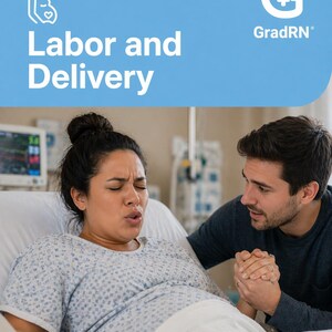 May include: A light blue graphic overlay with the white text Labor and Delivery and the GradRN logo above a scene of a person in a hospital bed wearing a blue patterned gown, with another person holding their hands in a supportive gesture.