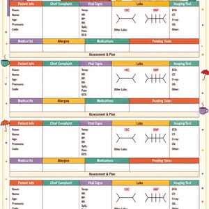 May include: A GradRN Emergency Room Patient Tracker Friends Edition page featuring four identical medical charting templates. Each section includes fields for patient info, vital signs, labs, imaging, medical history, allergies, and assessment plans.