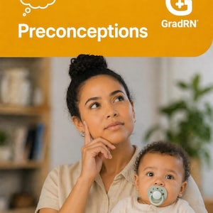 Puede incluir: Imagen de una mujer sosteniendo a un bebé. La mujer mira hacia arriba pensativamente, mientras el bebé mira directamente a la cámara. El texto "Preconceptions" y el logotipo de GradRN son visibles.