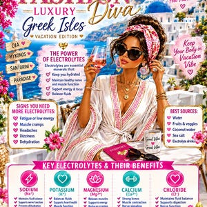 May include: A digital poster titled Fashion Diva Luxury Greek Isles Vacation Edition featuring a person in a white robe, sunglasses, and headscarf holding a wine glass. The image includes text about electrolytes, hydration tips, and health benefits.