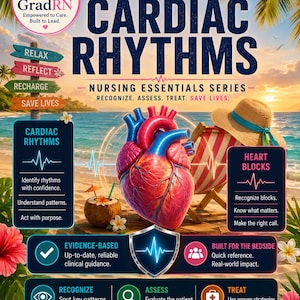 May include: A poster titled Cardiac Rhythms Nursing Essentials Series featuring a central anatomical heart illustration, a beach scene with a lounge chair and straw hat, and text boxes detailing clinical guidance, heart blocks, and rhythm identification.