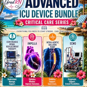 May include: An educational infographic titled Advanced ICU Device Bundle Critical Care Series. It features four sections detailing Continuous Renal Replacement Therapy, Impella, Intra-Aortic Balloon Pump, and ECMO with medical illustrations.