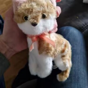 May include: A plush cat toy with a white face and chest, and brown and tan fur. The cat has pink ears and a pink ribbon tied around its neck. The toy is held in a person's hand.