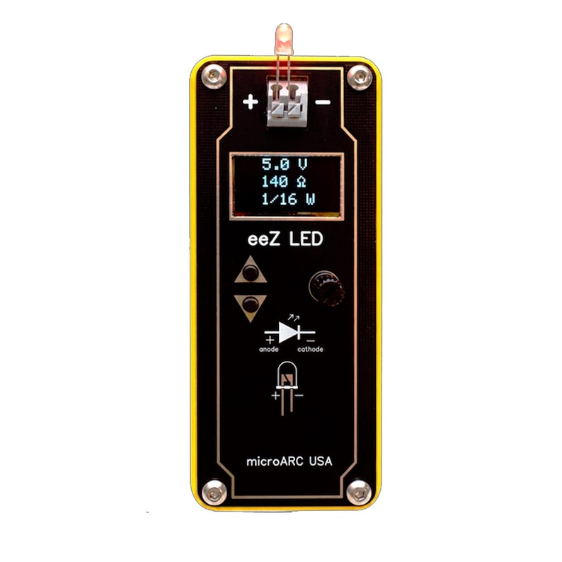 May include: A rectangular black and yellow eez LED circuit board with a small screen displaying 5.0 V, 140 &Omega;, and 1/16 W. The board has a small LED at the top and the text "microARC USA" at the bottom.