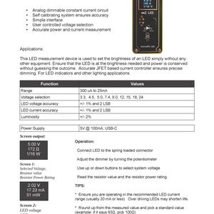 May include: A black and gold eeZ LED calculator with a screen displaying voltage and resistor values. The device, from microARC USA, is designed for LED measurement and features a USB-C power supply. Text on the device includes "LED calculator" and "eeZ LED".