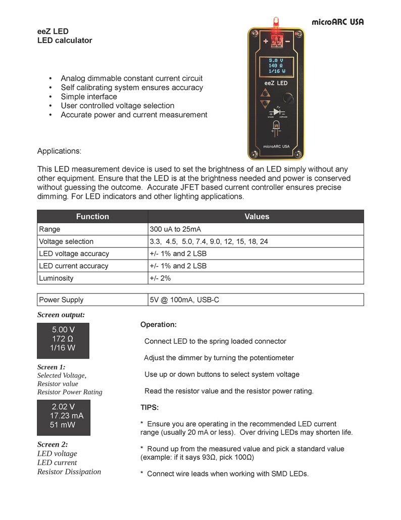May include: A black and gold eeZ LED calculator with a screen displaying voltage and resistor values. The device, from microARC USA, is designed for LED measurement and features a USB-C power supply. Text on the device includes "LED calculator" and "eeZ LED".