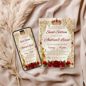 Op de afbeelding: Een Sweet Sixteen-uitnodiging met een gouden kroon- en bloemenontwerp. De uitnodiging bevat de tekst "Sweet Sixteen" en de namen "Andrea & Lissel". De datum is zaterdag 9 december 2028. Een smartphone toont dezelfde uitnodiging.