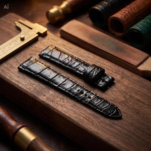 以下が含まれることがあります： ワニ革の型押しが施された黒いレザー製時計ベルト。先細りのデザインで縫い穴が見える仕様となっており、真鍮製のノギスや革細工用ツールと共に木製の台の上に置かれています。