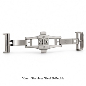 May include: A silver-colored stainless steel watch deployment D-buckle with a polished finish. The mechanism is shown in an open, extended position, featuring a central locking hinge and side release buttons. The text 16mm Stainless Steel D-Buckle is visible.