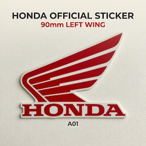 May include: A red and white Honda official sticker featuring a left wing graphic and the text HONDA OFFICIAL STICKER 90mm LEFT WING A01. The design displays the iconic red wing logo positioned above the red Honda wordmark on a white background.