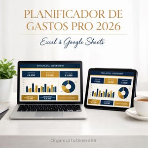 May include: A laptop and tablet displaying financial charts and data, with the text "PLANIFICADOR DE GASTOS PRO 2026" and "Excel & Google Sheets." The screens show graphs and numerical data in gold, blue, and white. A cup of coffee sits nearby.